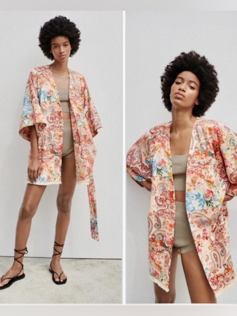 Zara Floral Patchwork Linen Fringe Kimono Wrap Size Small